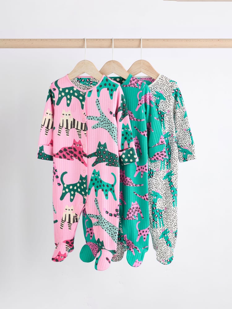 Pink/Green Popper Baby 100% Cotton Sleepsuits 3 Pack (0mths-2yrs) - Image 1 of 11
