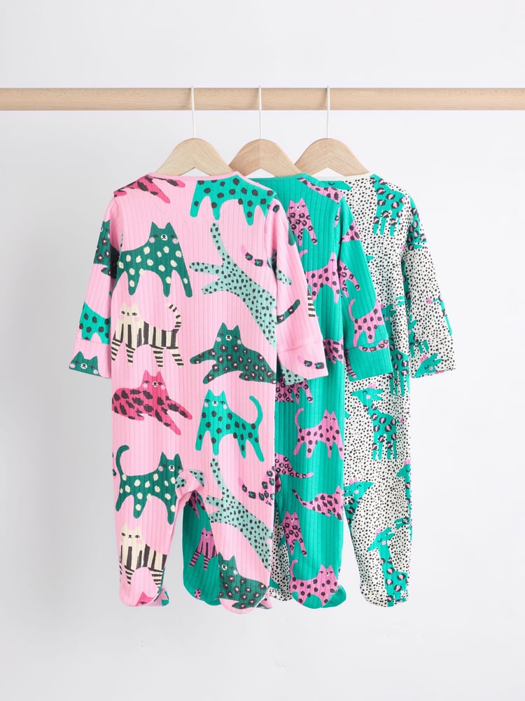 Pink/Green Popper Baby 100% Cotton Sleepsuits 3 Pack (0mths-2yrs) - Image 2 of 11