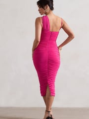 Club L London Fuchsia Pink Bellini Asymmetric Ruched Midi Dress - Image 5 of 5