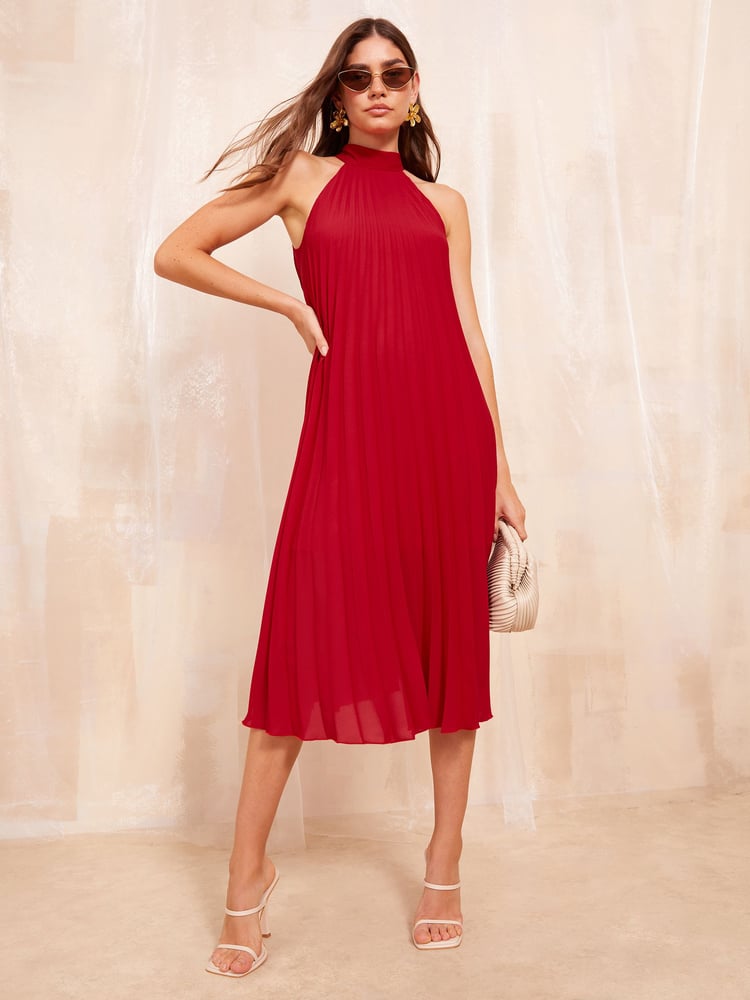 Friends Like These Red Halter Neck Pleated Midi Dress - Image 1 of 4