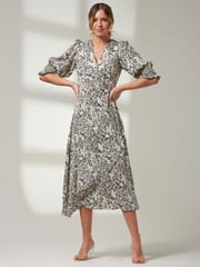 Jolie Moi White Puff Sleeve Wrap Midi Dress - Image 1 of 6