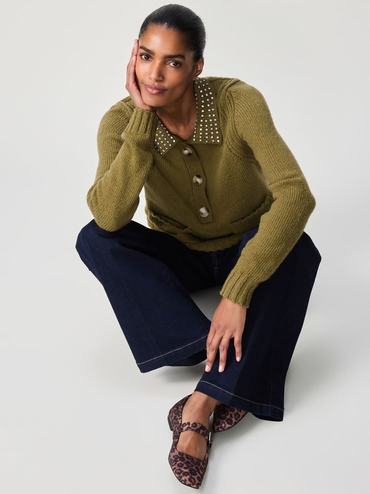 Olive Green Gem Embellished Collar Jumper - Image 2 of 6