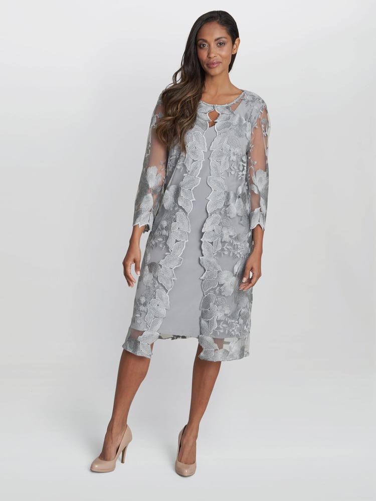 Gina Bacconi Grey Savoy Embroidered Lace Mock Jacket With Jersey Dress - Image 1 of 4