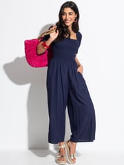 Pour Moi Navy Blue Sally Fuller Bust Shirred Bodice Puff Sleeve Jumpsuit - Image 1 of 4