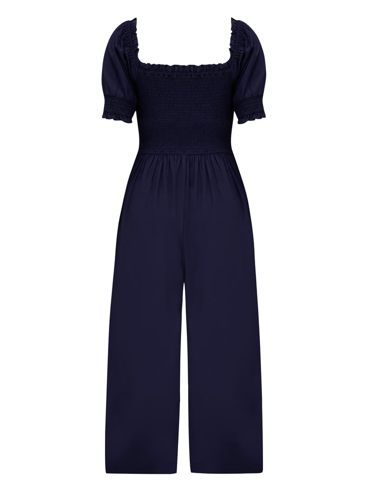 Pour Moi Navy Blue Sally Fuller Bust Shirred Bodice Puff Sleeve Jumpsuit - Image 4 of 4