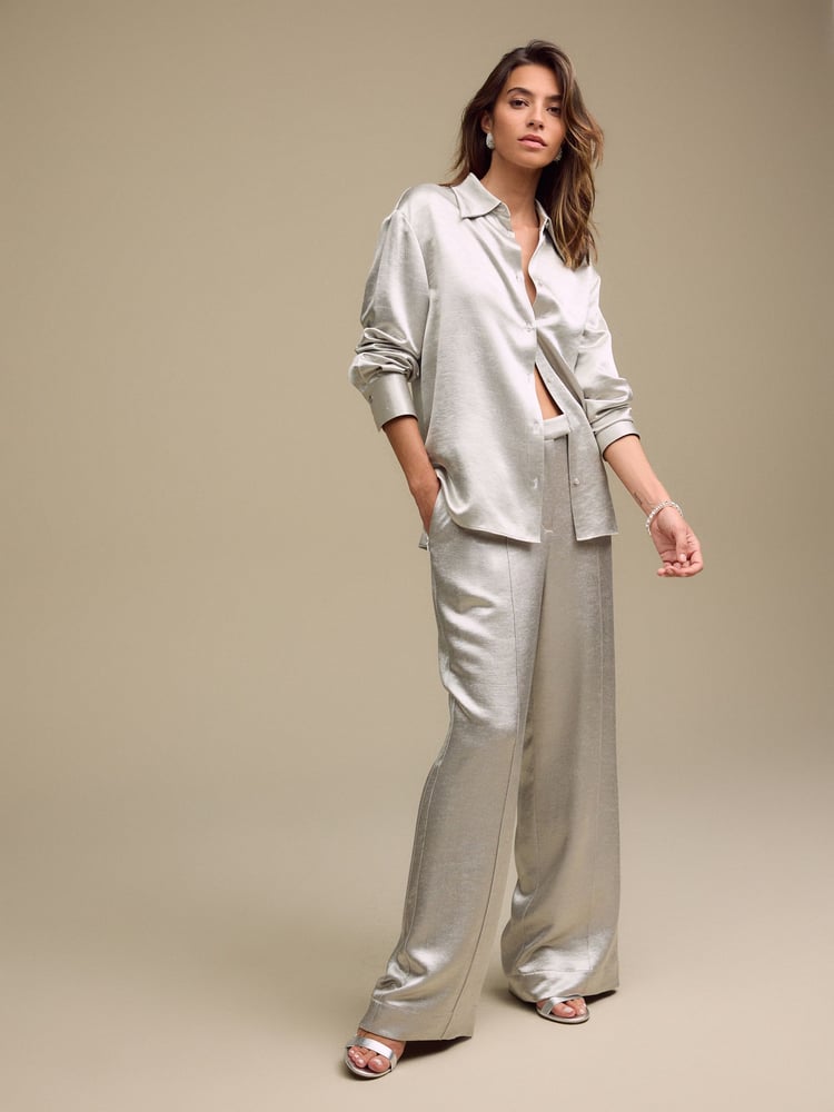 Silver Textured Metallic Satin Shirt - Image 2 of 9