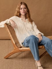 Ivory White Long Sleeve Metallic Tie Neck Blouse - Image 1 of 6
