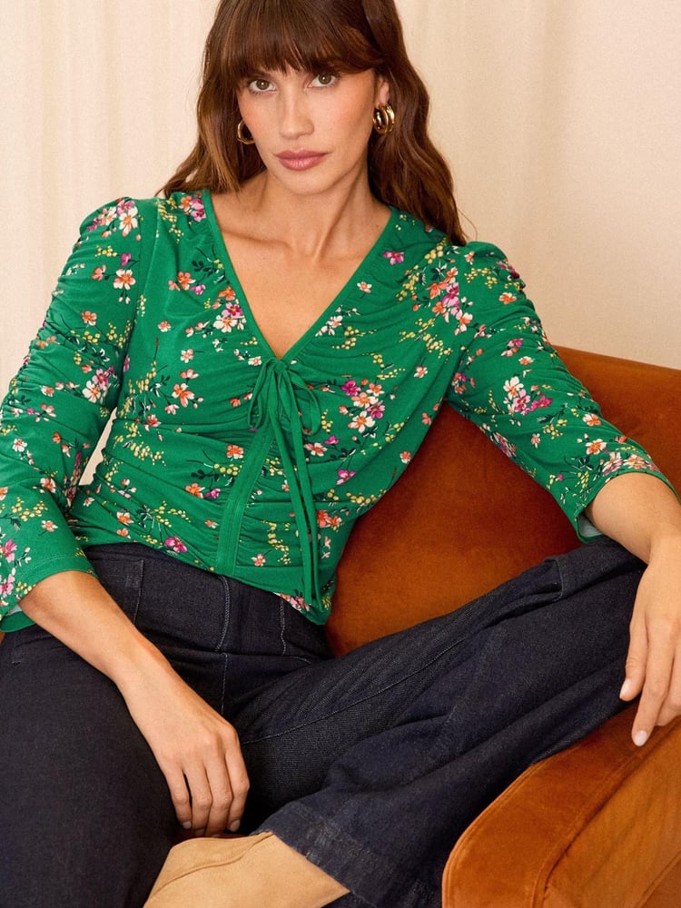 Love & Roses Green Floral Ruched Front Jersey Blouse - Image 1 of 4