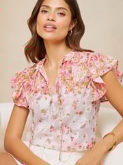 Lipsy White Ruffle Sleeve V Neck Tie Front Blouse - Image 1 of 4