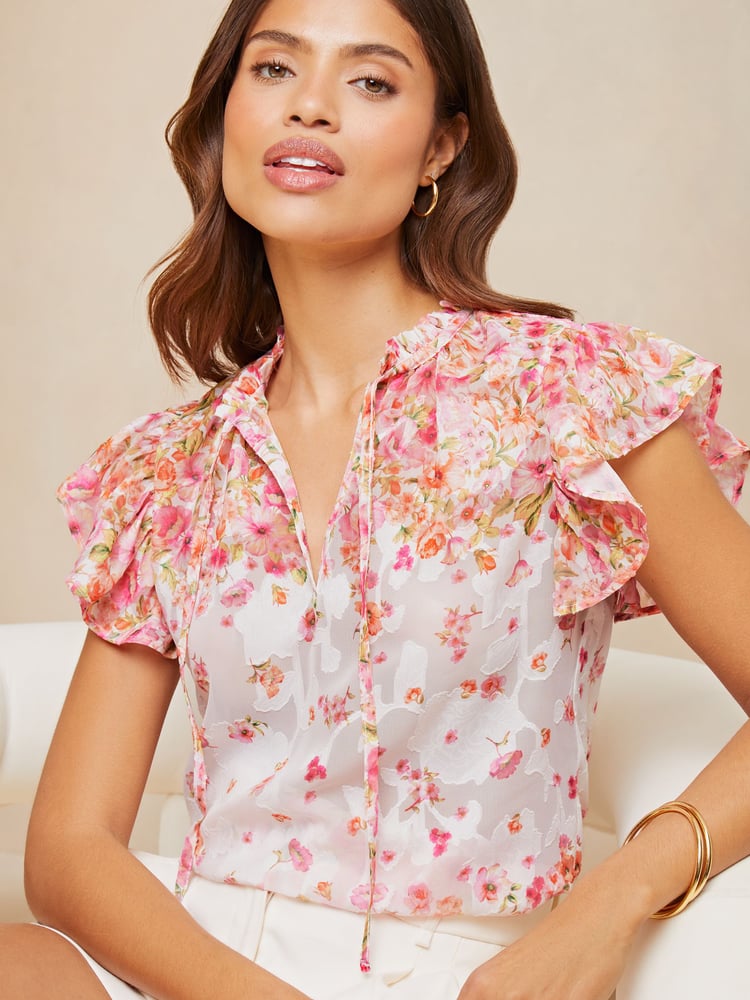 Lipsy White Ruffle Sleeve V Neck Tie Front Blouse - Image 1 of 4 Lipsy White Ruffle Sleeve V Neck Tie Front Blouse - Image 1 of 4