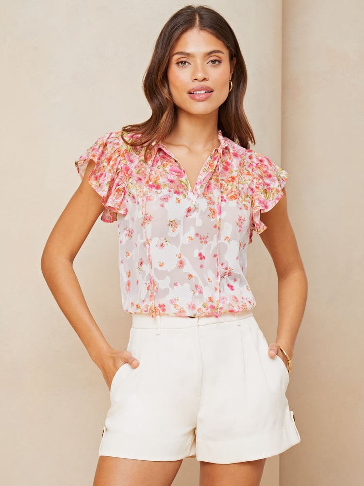 Lipsy White Ruffle Sleeve V Neck Tie Front Blouse - Image 4 of 4 Lipsy White Ruffle Sleeve V Neck Tie Front Blouse - Image 4 of 4