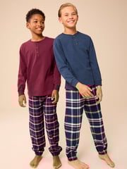 Navy Blue/Burgundy Red 2 Pack Long Sleeve Woven Check 100% Cotton Pyjamas (3-16yrs) - Image 1 of 11