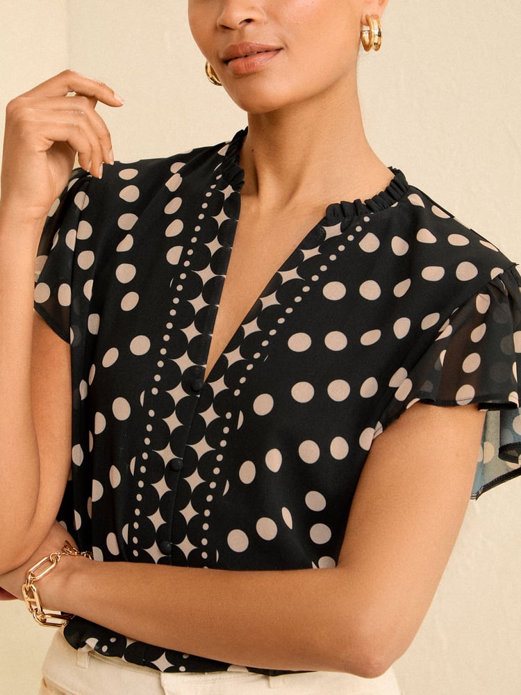 Love & Roses Black Polka Dot V Neck Flutter Sleeve Blouse - Image 2 of 4 Love & Roses Black Polka Dot V Neck Flutter Sleeve Blouse - Image 2 of 4