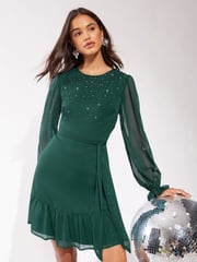 Friends Like These Green Diamonte Detail Chiffon Mini Dress - Image 1 of 4