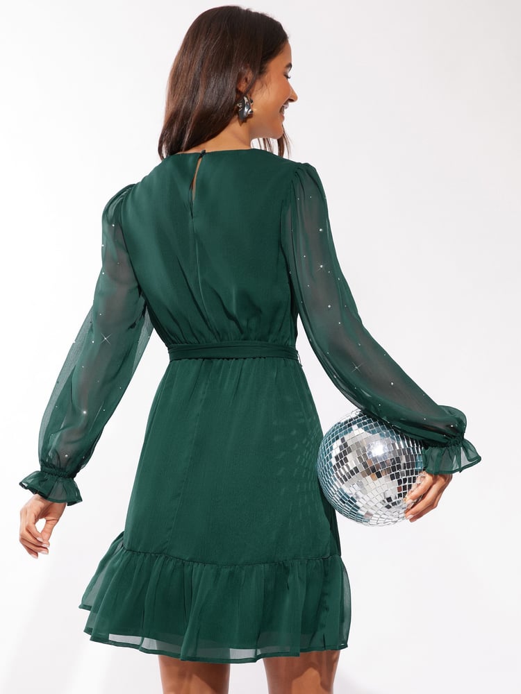 Friends Like These Green Diamonte Detail Chiffon Mini Dress - Image 4 of 4