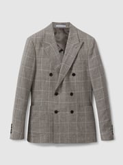 Reiss Light Taupe Burgess Linen Double Breasted Check Blazer - Image 2 of 7
