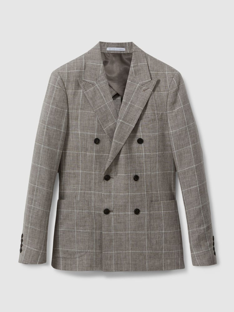 Reiss Light Taupe Burgess Linen Double Breasted Check Blazer - Image 2 of 7