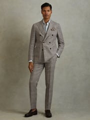 Reiss Light Taupe Burgess Linen Double Breasted Check Blazer - Image 3 of 7