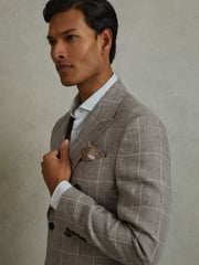 Reiss Light Taupe Burgess Linen Double Breasted Check Blazer - Image 4 of 7