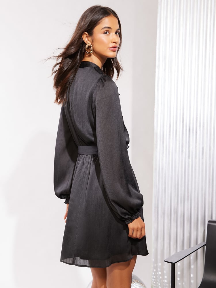 Friends Like These Black Long Sleeve Ruffle Satin Mini Dress - Image 4 of 4