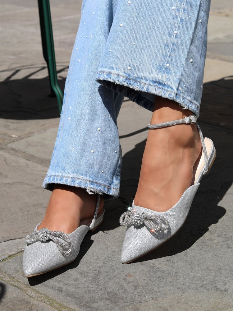 Linzi Silver Mayla Satin Flat Mules With Diamante Bow Detail - Image 1 of 4