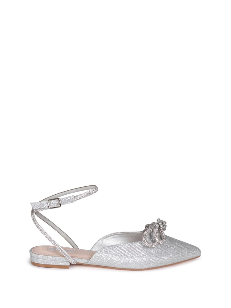 Linzi Silver Mayla Satin Flat Mules With Diamante Bow Detail - Image 2 of 4 Linzi Silver Mayla Satin Flat Mules With Diamante Bow Detail - Image 2 of 4