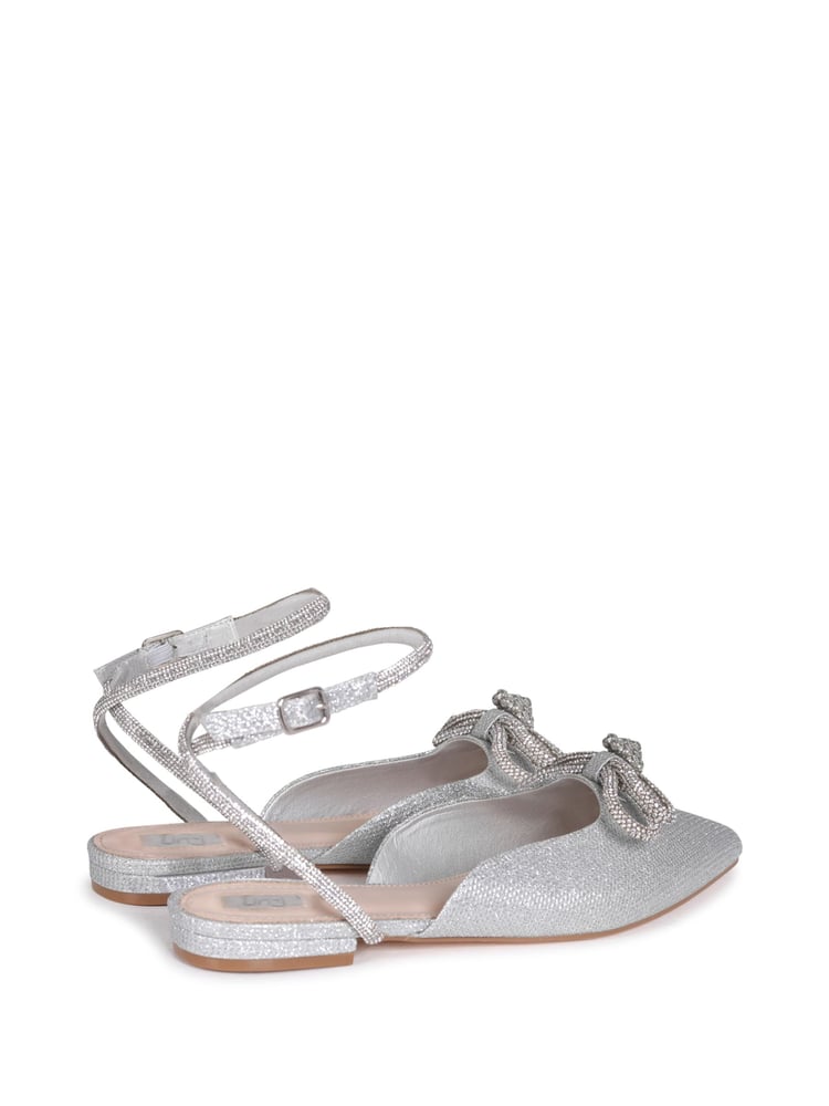 Linzi Silver Mayla Satin Flat Mules With Diamante Bow Detail - Image 4 of 4 Linzi Silver Mayla Satin Flat Mules With Diamante Bow Detail - Image 4 of 4