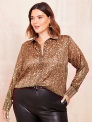 Curves Like These Brown Animal Printed Dip Back Shirt - Image 1 of 4