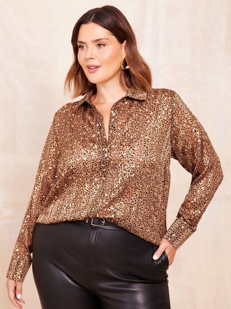 Curves Like These Brown Animal Printed Dip Back Shirt - Image 1 of 4