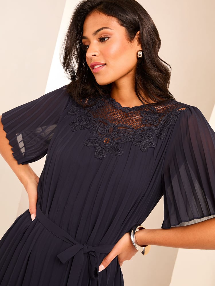 Lipsy Navy Blue Lace Artwork Pleated Shorts Sleeve Shift Dress - Image 2 of 4 Lipsy Navy Blue Lace Artwork Pleated Shorts Sleeve Shift Dress - Image 2 of 4
