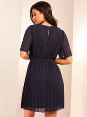 Lipsy Navy Blue Lace Artwork Pleated Shorts Sleeve Shift Dress - Image 4 of 4