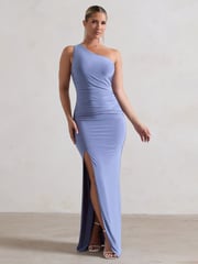 Club L London Blue Ethereal One Shoulder Ruched Split Maxi Dress - Image 1 of 5