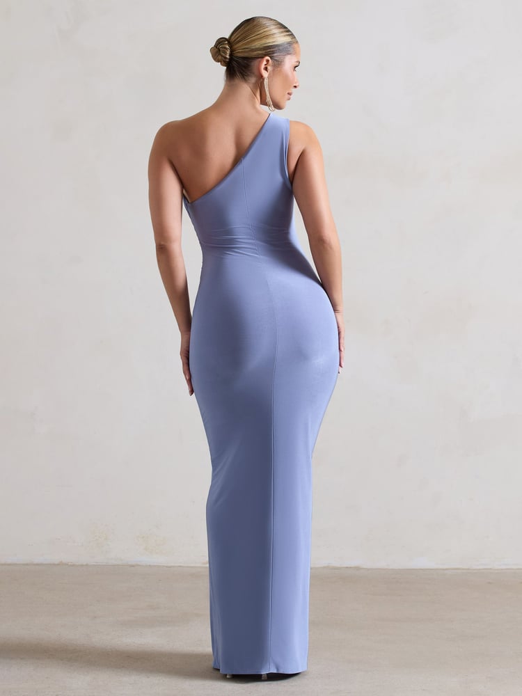 Club L London Blue Ethereal One Shoulder Ruched Split Maxi Dress - Image 5 of 5