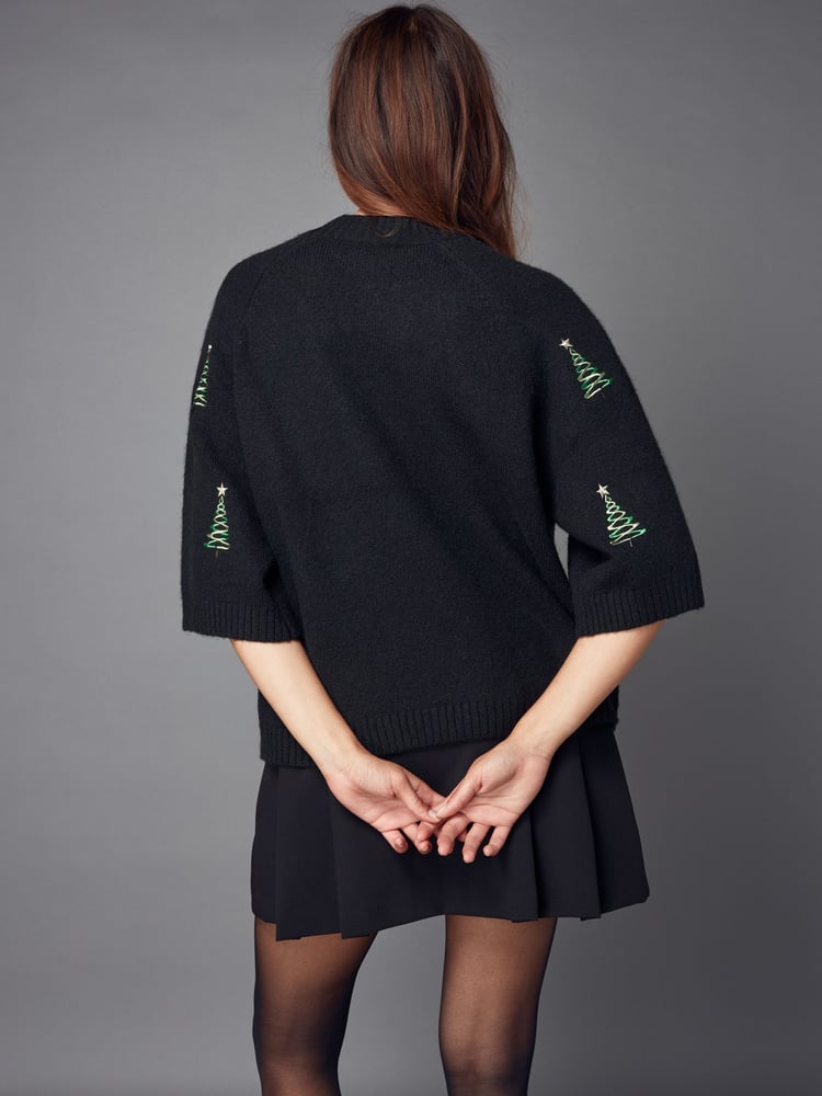 Black Christmas Tree Short Sleeve Knitted Christmas Jumper - Image 2 of 6