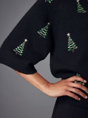 Black Christmas Tree Short Sleeve Knitted Christmas Jumper - Image 4 of 6