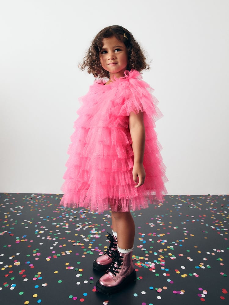 Bright Pink Sparkle Ruffle Mesh Dress (3mths-8yrs) - Image 1 of 10