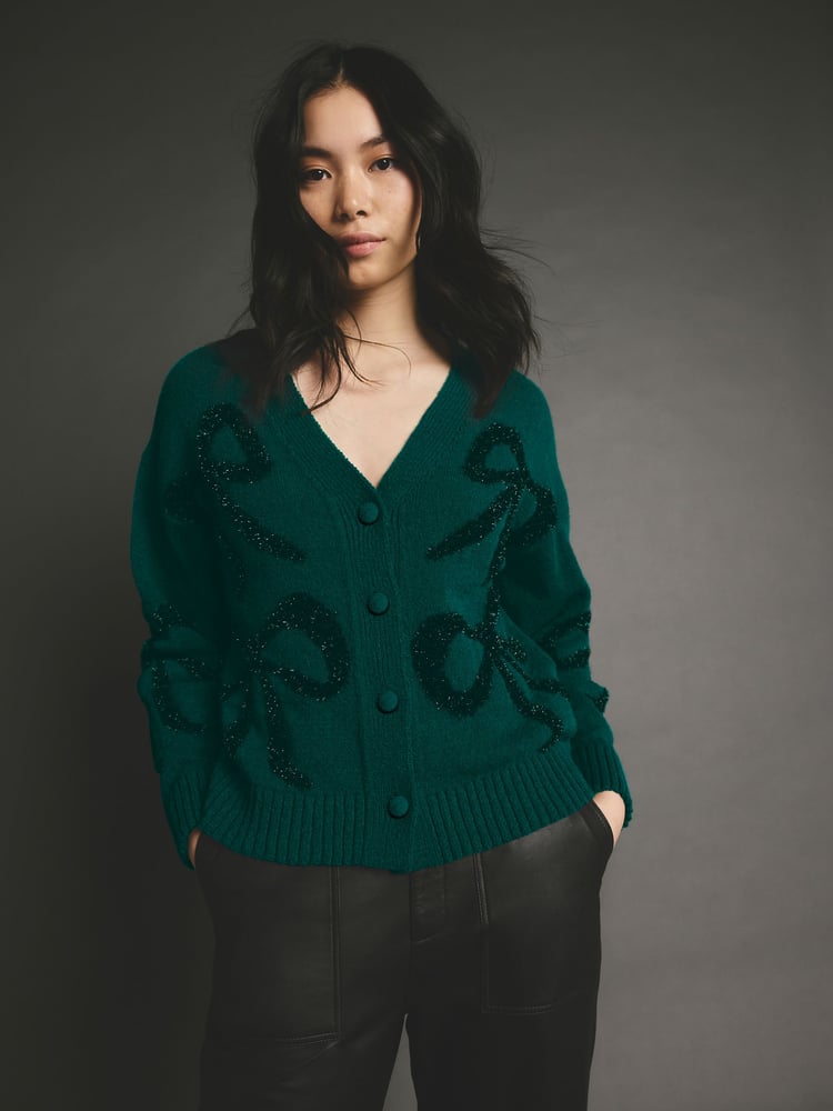 Green Tinsel Christmas Patterned Button Up Knitted Cardigan - Image 1 of 8