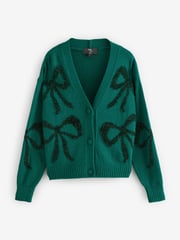 Green Tinsel Christmas Patterned Button Up Knitted Cardigan - Image 6 of 8