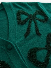 Green Tinsel Christmas Patterned Button Up Knitted Cardigan - Image 7 of 8