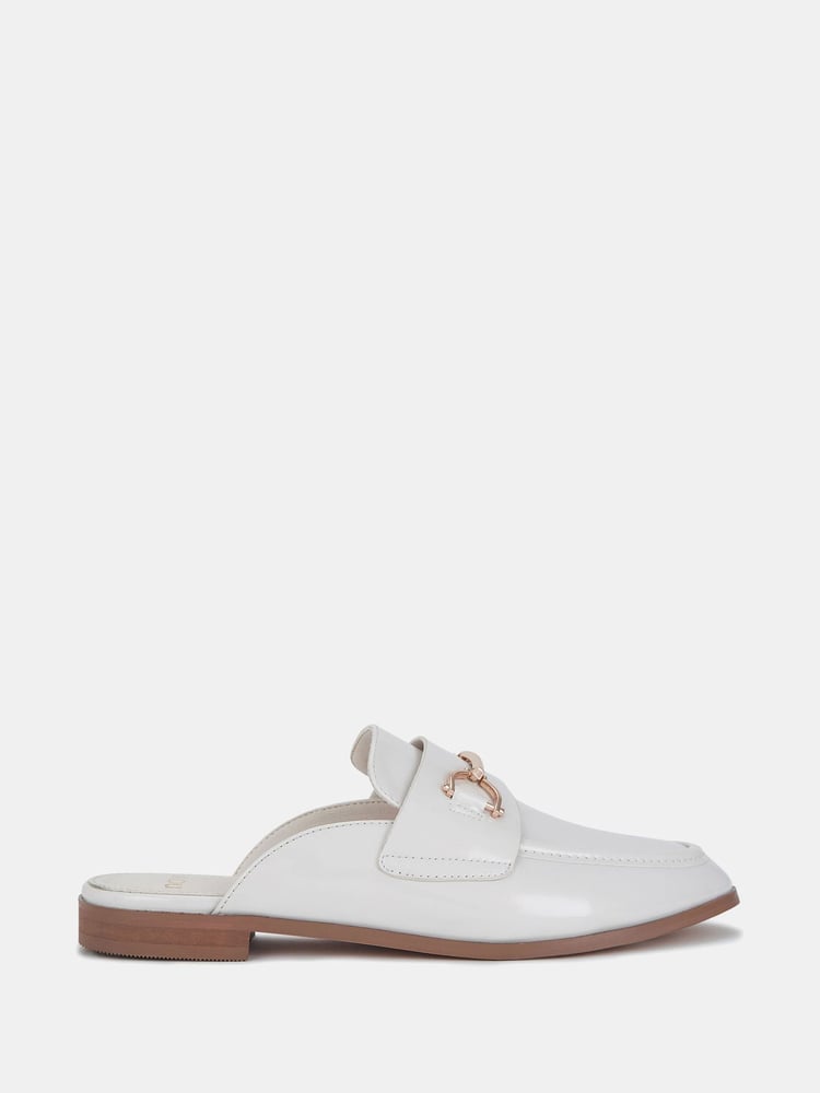 Novo White Chrome Wide Fit Eleanora Backless Loafer Mules - Image 1 of 3 Novo White Chrome Wide Fit Eleanora Backless Loafer Mules - Image 1 of 3