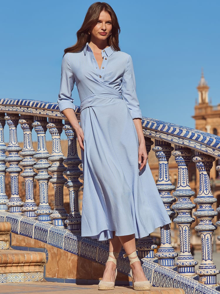 Sosandar Blue Ruffle Hem Midi Shirt Dress - Image 2 of 5