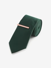Dark Green Slim Textured Tie And Clip Set - Image 1 of 3