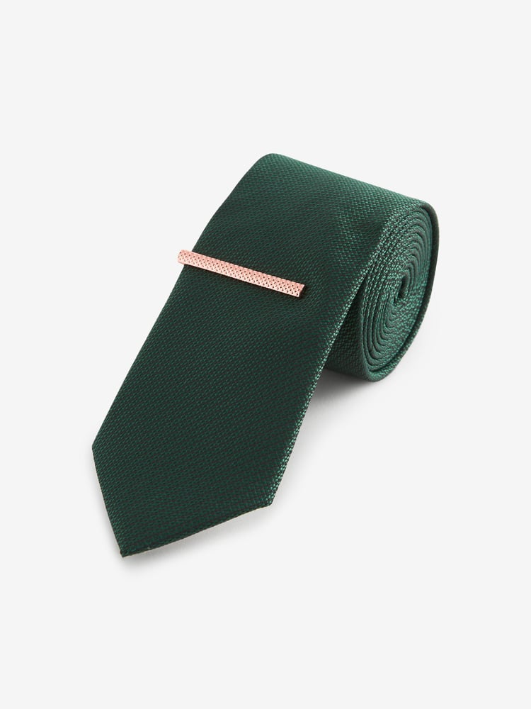 Dark Green Slim Textured Tie And Clip Set - Image 1 of 3