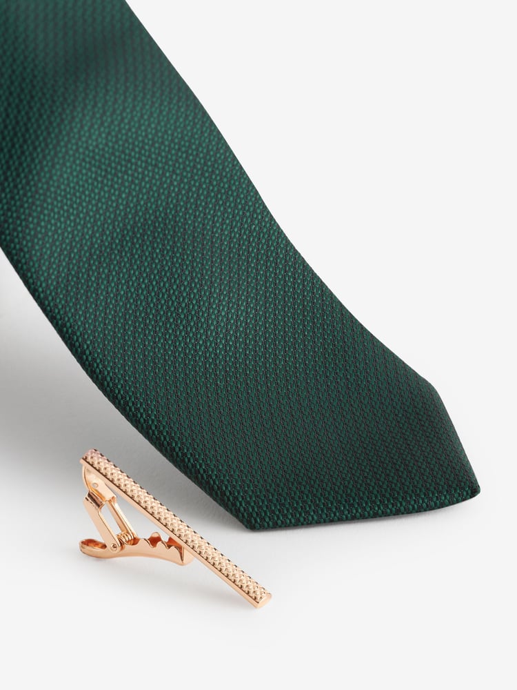 Dark Green Slim Textured Tie And Clip Set - Image 2 of 3