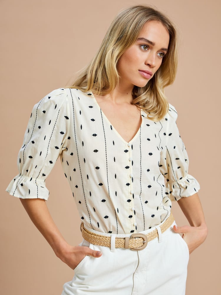 ONLY Cream 100% Cotton Embroidered Short Sleeve Button-Up Blouse - Image 1 of 8