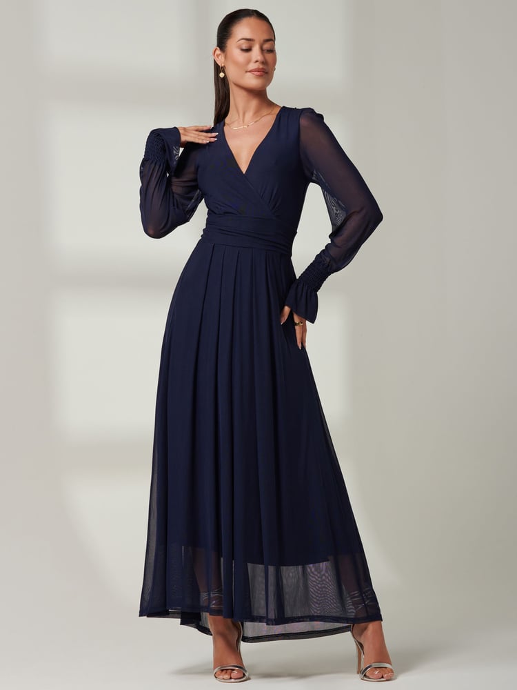 Jolie Moi Navy Blue Greta Long Sleeve Mesh Maxi Dress - Image 1 of 6