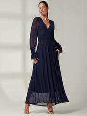 Jolie Moi Navy Blue Greta Long Sleeve Mesh Maxi Dress - Image 4 of 6