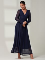 Jolie Moi Navy Blue Greta Long Sleeve Mesh Maxi Dress - Image 5 of 6