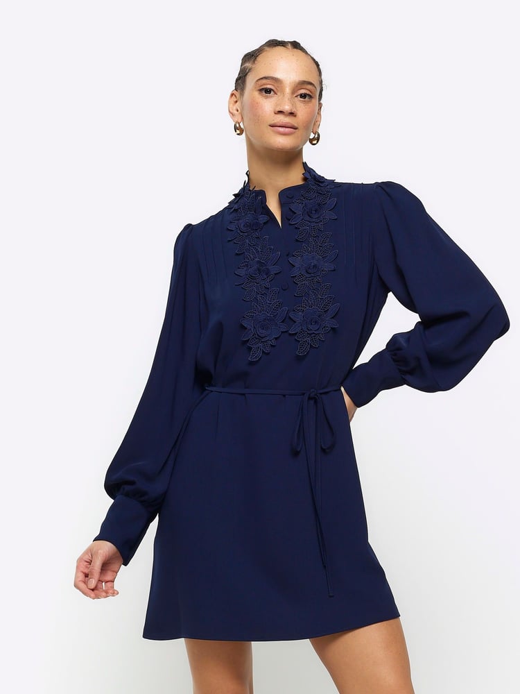 River Island Navy Floral Tie Waist Shift Mini Dress - Image 1 of 3