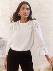 Love & Roses Ivory White Embellished Crew Neck Flute Sleeve Blouse - Image 1 of 4